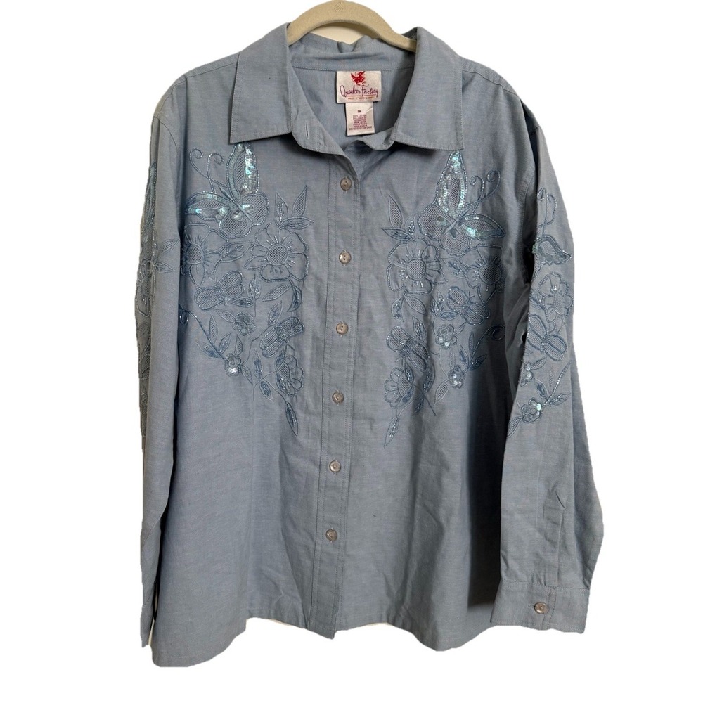 Quacker Factory Chambray Button Up Womens 1X Embroidered Beaded Sequin Butterfly